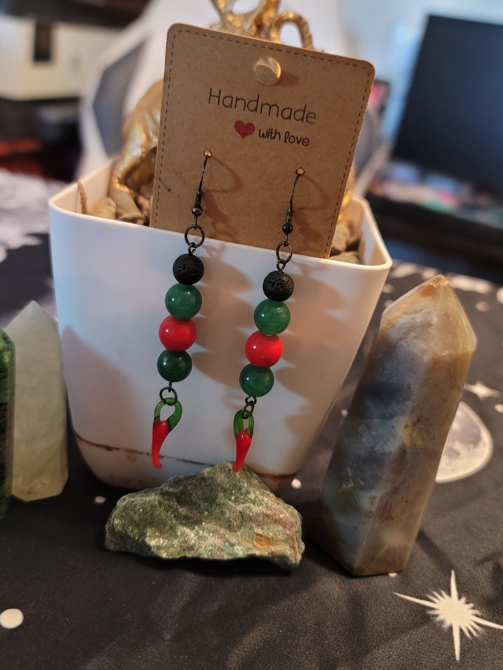 🔥3 For $20 Handmade Green and Red Beaded Chili Pepper Dangle Earrings